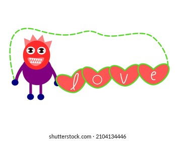 Cute monster colorful holding a rope with a heart label that says L O V E. Cartoon kawaii scary funny baby character. Happy Halloween. Happy Valentine's Day. White background. Vector illustration