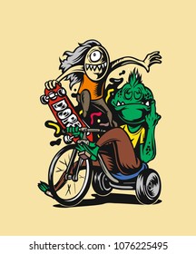 Cute Monster Cycling. t shirt graphic design for kids vector Illustration. 