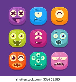 Cute Monster with different emotions Web Icons, Colourful Vector Illustration Set