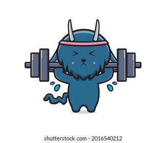 Cute monster do weight lifting cartoon icon illustration. Design isolated flat cartoon style