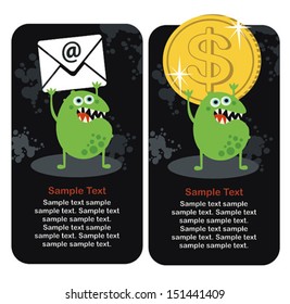 Cute monster with dollar coin and e-mail. Vector illustration. 