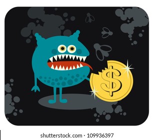 Cute monster with dollar coin. Vector illustration.