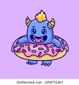 Cute Monster With Donut Cartoon Vector Icon Illustration. Food Holiday Icon Concept Isolated Premium Vector. Flat Cartoon Style