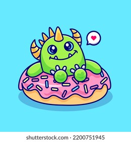 Cute Monster With Donut Cartoon Vector Icon Illustration. Food Holiday Icon Concept Isolated Premium Vector. Flat Cartoon Style