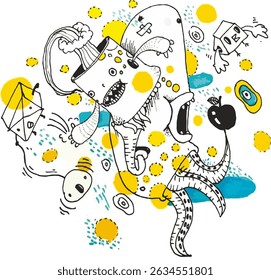 Cute Monster Doodle Around The Blue and Yellow