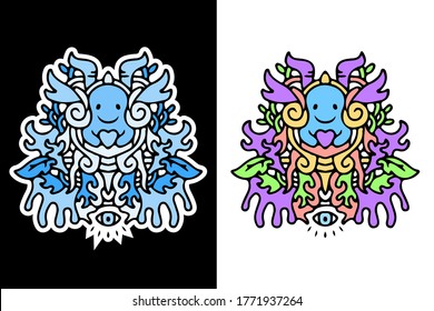 Cute monster doodle illustration for poster, sticker, or apparel merchandise.With vaporwave/synthwave style, aesthetics of 80s.
