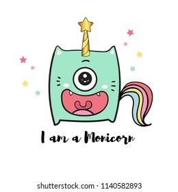 cute monster doodle in unicorn concept with pastel colors