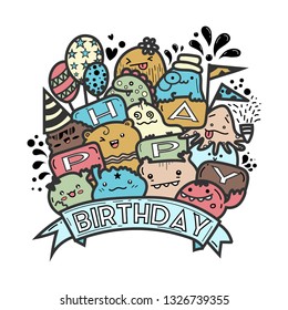 Cute monster doodle vector for happy birthday card.