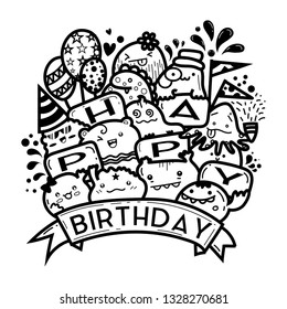Cute monster doodles background Vector illustration for happy birthday card design.