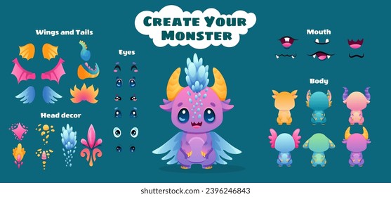 Cute Monster Dragon cartoon constructor kit, with body parts, alien eyes, mouths teeth, wings and horns for kids toys, video games and halloween designs. Vector flat colorful illustration