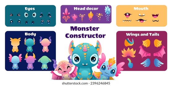 Kit constructor de dibujos animados Cute Monster Dragon, con partes del cuerpo, ojos alienígenas, dientes de bocas, alas y cuernos para juguetes, videojuegos y diseños de halloween. Ilustración de color plana vectorial