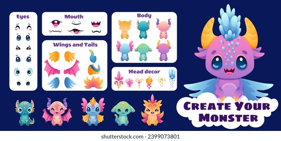 Cute Monster Dragon cartoon constructor kit, with body parts, alien eyes, mouths teeth, wings and horns for kids toys, video games and halloween designs. Vector flat colorful illustration