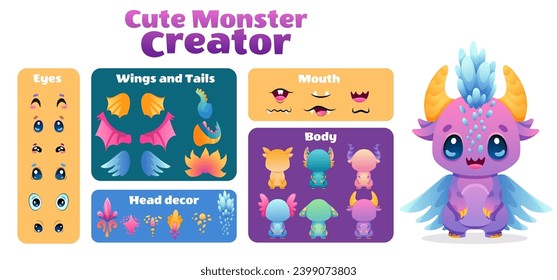 Cute Monster Dragon cartoon constructor kit, with body parts, alien eyes, mouths teeth, wings and horns for kids toys, video games and halloween designs. Vector flat colorful illustration