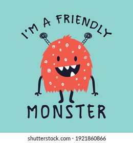 cute monster drawn as vector for kids tee print