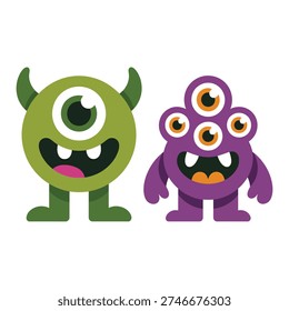 Cute monster duo vector with green cyclops and purple many eyes creature, cartoon mascot set for kids party and games