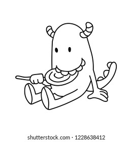 cute monster eat candy line art black white doodle