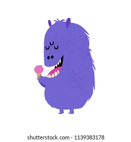 Cute Monster Eating An Ice Cream. Cartoon Character. Vector Illustration.