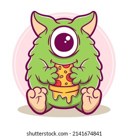Cute Monster Eating Pizza Cartoon Vector Illustration