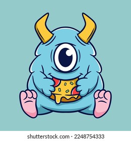 Cute monster eating pizza cartoon vector illustration