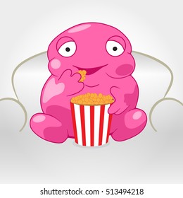 Cute Monster Eating Popcorn Sitting On A Sofa

