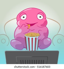 Cute Monster Eating Popcorn And Watching TV