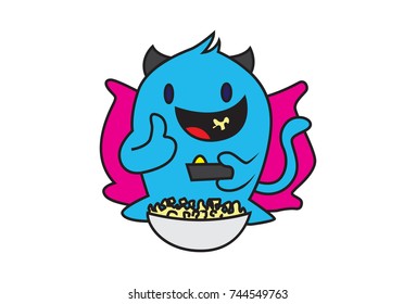 Cute Monster eating Popcorns. Vector Illustration. Isolated on white background.