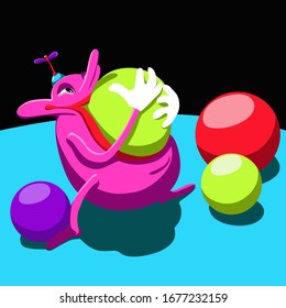 Cute monster eats very big candy