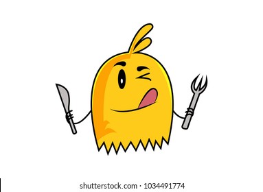 Cute Monster Emoji holding  a fork and knife and winking. Vector illustration. Isolated on white background.