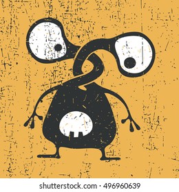 Cute monster with emotions on grunge yellow background, cartoon illustration. 