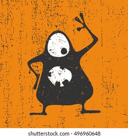 Cute monster with emotions on grunge orange background, cartoon illustration. 