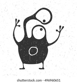 Cute monster with emotions on grunge white background, cartoon illustration. 