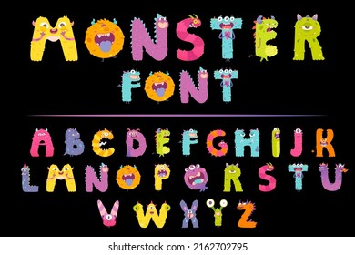 Cute Monster English Alphabet, Spooky Font And Creepy Numbers Set Vector Illustration. Cartoon Childish Abc With Horror Dead Zombie, Ghost And Mystery Animal Characters Isolated On Black Background