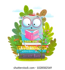 Cute Monster In Eyeglasses Reading Book. Smart Little Animal Studying In The Nature. Vector Illustration.