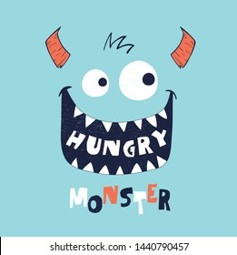 Cute Monster Face Drawn As Vector For Tee Print