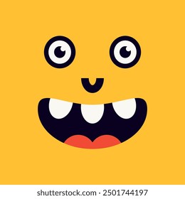 Cute monster face head banner Happy Halloween card for kids. Spooky Smiling Boo screaming sad face emotion. Baby Eyes, teeth, mouse and tongue. Flat Vector illustration isolated on yellow background