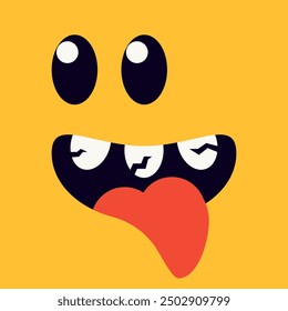 Cute monster face head banner Happy Halloween card for kids. Spooky Smiling Boo screaming sad face emotion. Baby Eyes, teeth, mouse and tongue. Flat Vector illustration isolated on yellow background