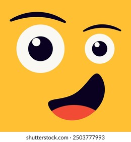 Lindo monstruo cara cabeza Anuncio Feliz tarjeta de Halloween para los niños. Spooky Smiling Boo gritando emoción de cara triste. Ojos de bebé, dientes, ratón y lengua. Ilustración vectorial plana aislada sobre fondo amarillo