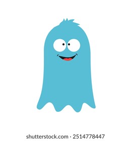 Cute monster face head. Happy Halloween. Kawaii funny blue baby monster character isolated on white background. For sticker print. Monster with eyes, teeth and tongue. Flat illustration