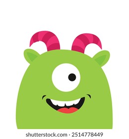 Linda cabeza de cara de monstruo. Feliz Halloween. Personaje divertido del monstruo del bebé verde de Kawaii aislado en el fondo blanco. Para impresión de pegatinas. Monstruo con ojos, cuernos, dientes y lengua. Ilustración plana