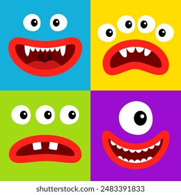 Cute monster face head set banner. Happy Halloween. Four square monsters. Spooky Smiling Boo screaming sad face emotion. Eyes, tongue, teeth fang, mouse, lips. Flat design. Baby kids background Vector