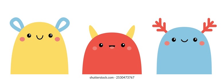 Linda línea de conjunto de cabeza de cara de monstruo. Feliz Halloween. Línea de conjunto de iconos de silueta colorida. Ojos, lengua, colmillos. Caricatura kawaii asustador divertido boo bebé personaje. El fondo blanco. Diseño plano. Vector