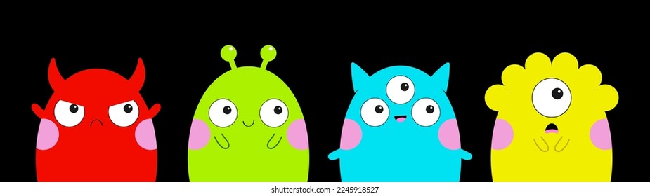 Cute monster face line set. Happy Halloween. Colorful animal. Funny Kawaii cartoon baby character. Three eyes, ears, horns, pink cheeks. Boo. Sticker print. Flat design. Black background. Vector