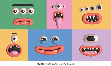 Cute Monster face set. Different expressions. Funny characters. Inflated, plasticine, clay cartoon 3D style. Hand drawn modern Vector illustration. Isolated design elements. Print, sticker templates