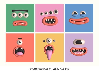 Cute Monster face set. Different expressions. Funny characters. Inflated, plasticine, clay cartoon 3D style. Hand drawn modern Vector illustration. Isolated design elements. Print, sticker templates