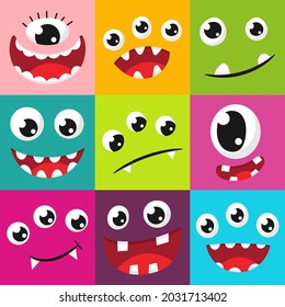 Cute monster faces with eyes, fangs. Cartoon, kind, smiling, expressive, funny facial expressions. Color, bright, vector flat illustration for children on a colored background