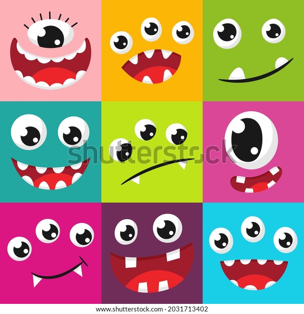 Cute Monster Faces Eyes Fangs Cartoon Stock Vector (Royalty Free ...