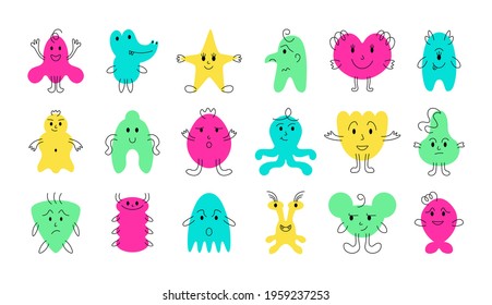 Cute monster faces. Funny and scary cartoon minimalistic monsters with cheerful face emotions. Vector isolated set