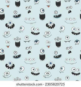 Cute monster faces seamless pattern. Cartoon monsters background. Vector illustration.