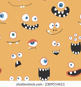 Cute monster faces seamless pattern. Cartoon monsters background. Vector illustration.