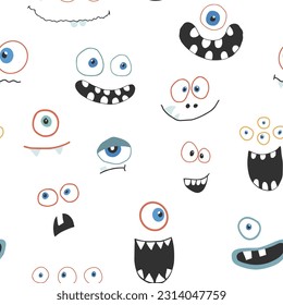 Cute monster faces seamless pattern. Cartoon monsters background. Vector illustration.